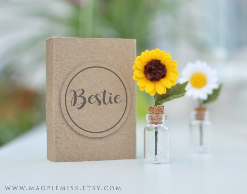 Matchbox sunflower gift, teacher thank you gift, mothers day flowers gift, felt sunflower, bestie friend gift, mini flower, wedding favors image 2