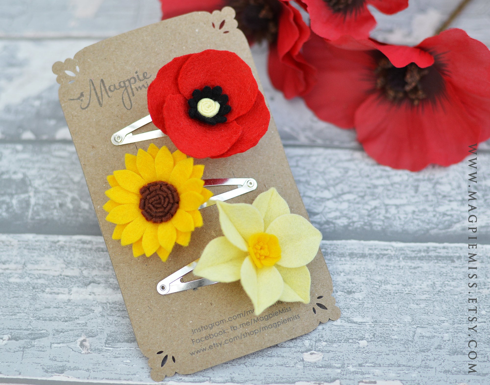 Pince à cheveux fleur en feutre, tournesol en feutre, mariage tournesol, cadeaux de mariage, coquelicot en feutre, accessoire pour cheveux fleur, pince à cheveux tournesol