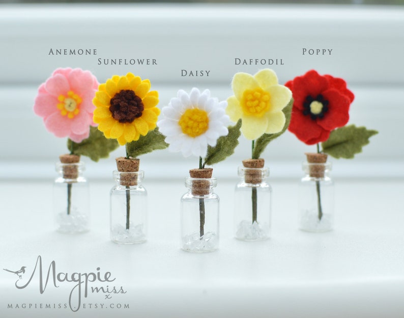 Pu&ograve; includere: Cinque fiori di feltro in miniatura in bottiglie di vetro con tappi di sughero. I fiori includono anemone, girasole, margherita, narciso e papavero. I fiori sono nelle tonalit&agrave; di rosa, giallo, bianco e rosso. Il testo "ANEMONE", "SUNFLOWER", "DAISY", "DAFFODIL" e "POPPY" &egrave; sopra ogni fiore.