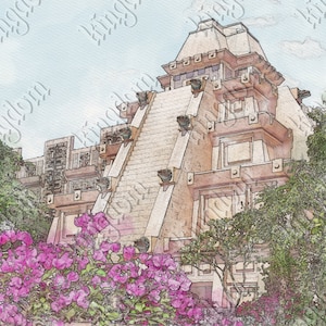 Peut inclure: Illustration de style aquarelle d'une structure pyramidale à degrés, probablement un temple, avec un escalier proéminent. Le bâtiment est de couleur marron clair, entouré de verdure et de fleurs roses. Le ciel est bleu clair.