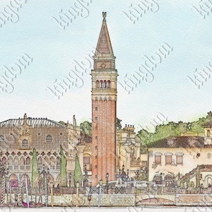 May include: Watercolor-style illustration of a Venetian cityscape featuring a tall brick bell tower, ornate buildings, and gondolas. The artwork has a soft, textured appearance with a light blue sky and green foliage. The date "2019" is visible.