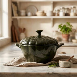 Może przedstawiać: Ciemnozielony ceramiczny garnek z pokrywką w kształcie dyni, o gładkim, błyszczącym wykończeniu, z dwoma bocznymi uchwytami i centralnym uchwytem na pokrywce. Garnek stoi na jasnej tkaninie obok małej ceramicznej miseczki z drewnianą łyżeczką.