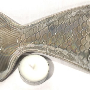 Pearl Grey Ceramic Mermaid Tail Candle Trinket Tray with White Tea-light Candle