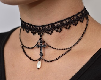 Gothic Lace Choker with Black Cross, Chains and Mother of Pearl shell bead - Elegant Necklace, Alternative Victorian Romantic Jewelry