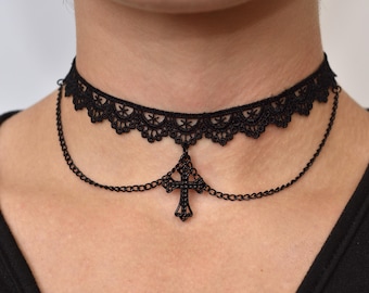 Gothic Lace Choker with Black Cross and Chains, Elegant Gothic Necklace, Alternative Jewelry, Victorian Romantic Necklace Adjustable Collar
