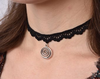 Black Lace Choker Necklace with Spiral Pendant – Gothic, Boho, Festival Jewelry for Women gift, Girlfriend gift, Spiral Charm, Lace Collar