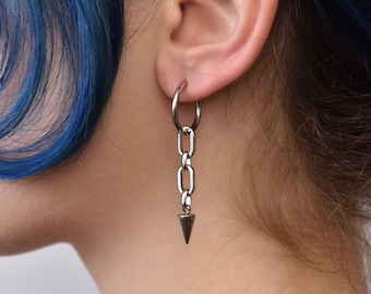 Pendientes de aro con pinchos de acero inoxidable, pendientes colgantes de cadena, joyería minimalista y vanguardista, pendientes colgantes modernos, joyería unisex individual o en par.