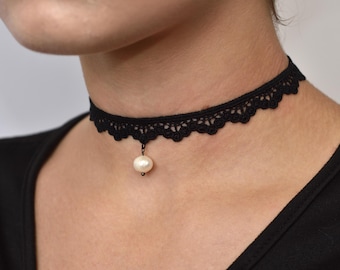 Elegant Black Lace Choker Necklace with Freshwater Pearl – Gothic, Victorian, Romantic Statement Jewelry, Girlfriend gift, Lace Collar