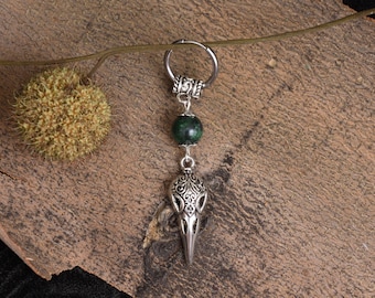 Gothic Raven skull single earring Tourmaline bead Bird skull earring Mens Hoop Mono earring Goth jewelry Punk Dangle Drop Earring men Grunge