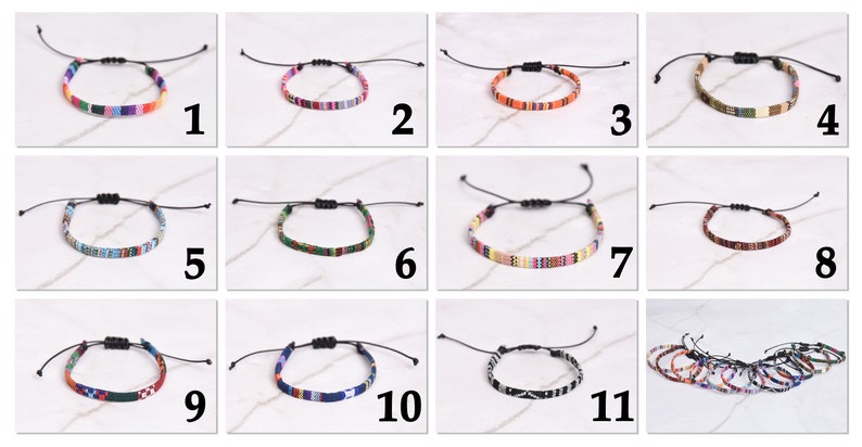 Peut inclure: Douze bracelets tiss&eacute;s color&eacute;s avec des cordons noirs r&eacute;glables. Les bracelets pr&eacute;sentent diff&eacute;rents motifs et couleurs, notamment le rouge, le bleu, le vert, le jaune et l'orange.