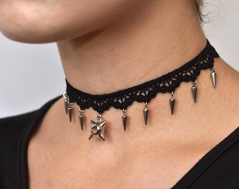 Gothic Lace Choker with Spikes and Spiked Ball Pendant, Punk Alternative Necklace, Gothic, Victorian, Statement Jewelry Girlfriend gift