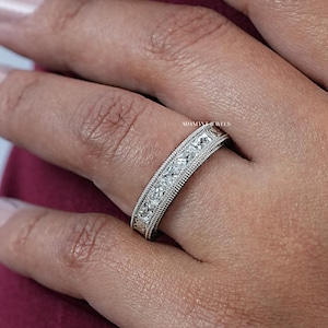 French Cut Baguette Lab Created Diamond Filigree Wedding Band, Eco Friendly Diamond Milgrain Vintage Style Band, CVD Diamond Stackable Band