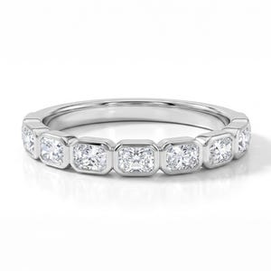 Radiant Cut Lab Grown Diamond Bezel Wedding Band, CVD Diamond Half Eternity Band For Bridal, East West Set Moissanite Eternity Band