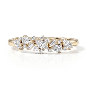 Fede nuziale con diamanti creati in laboratorio di forme multiple, fede con incastonatura a grappolo alternata per donna, gioielli da sposa in oro giallo 14 carati con moissanite multiple