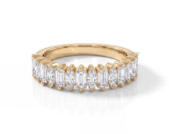 Marquise & Baguette Cut Lab Grown Diamond Wedding Band, Man Made Diamond Engagement Band, 14K Yellow Gold Minimalist Jewelry, Gift For Her