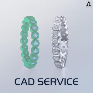 Pode incluir: Duas renderizações 3D de um anel com uma fila de pedras redondas. O anel à esquerda é verde e o anel à direita é prateado. O texto "CAD SERVICE" está na parte inferior da imagem.