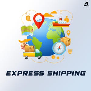 May include: Illustration of a globe with a compass, a truck, a ship, a map, and a pin. The globe is surrounded by a dotted line and the text "EXPRESS SHIPPING".