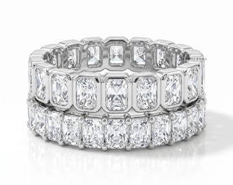 Radiant Cut Man Made Diamond Eternity Band, Lab Grown Diamond Wedding Band, Bezel Set Solid Gold Engagement Band, Birthday Gift For Wife