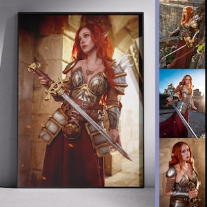 May include: A framed print featuring a cosplayer in a fantasy warrior costume. The woman has red hair and is holding a sword. She wears a detailed breastplate, shoulder armor, and a long red skirt. The image is set against a stone background.