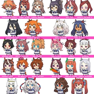 May include: A grid of 36 chibi-style anime characters, each with unique hairstyles and outfits. The characters are arranged in rows and columns, with names below each. The color palette is vibrant, featuring a variety of hair colors and clothing.