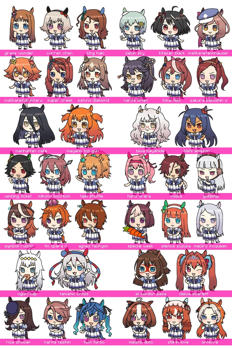 May include: A grid of 36 chibi-style anime characters, each with unique hairstyles and outfits. The characters are arranged in rows and columns, with names below each. The color palette is vibrant, featuring a variety of hair colors and clothing.