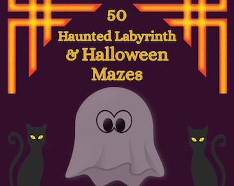 May include: A purple ghost with large eyes and a black cat on each side. The text above the ghost reads "50 Haunted Labyrinth & Halloween Mazes" with "TAT PUZZLES" below the ghost.