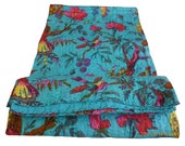 Bird Print Queen Size Kantha Quilt Blue, Kantha Blanket, Bed Cover, Queen Kantha bedspread, Bohemian Bedding Kantha Size 90 X 108 Inches