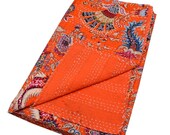 Orange Indian Hand Stitched Kantha Blanket Queen Cotton Quilt Unique Crown Design Bedspread tribal paisley crown print kantha quilt