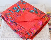 Vintage Indian Handmade Quilt Kantha Bird print Bedspread Throw Cotton Blanket Gudri Queen quilt Coverlet Bedspread Patchwork Stitch Blanket