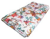 Bird Print Queen Size Kantha Quilt White, Kantha Blanket, Bed Cover, Queen Kantha bedspread, Bohemian Bedding Kantha Size 90 X 108 Inches