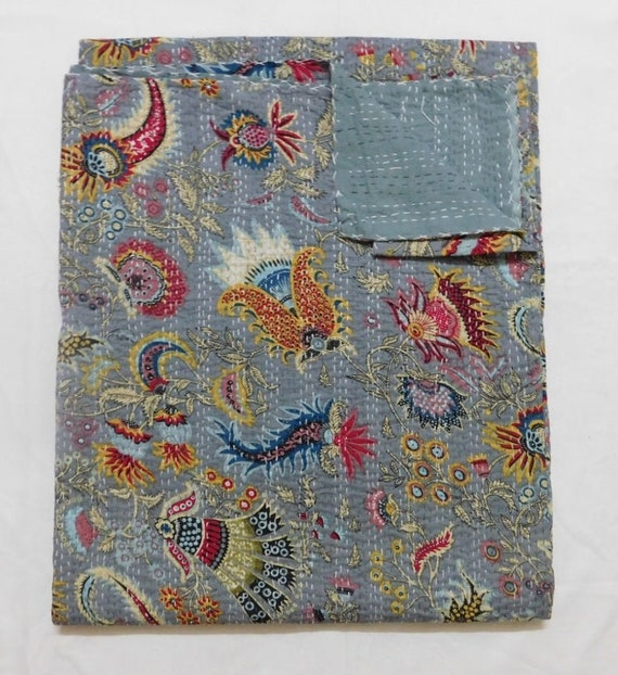 Handmade Vintage Grey Fruit Kantha Quilt Throw Cotton Blanket Bedspread Gudari