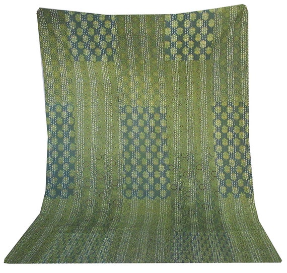 Twin Size Hand Block Print Kantha Quilt Green Ajrakh Blanket Sari Throw Gudri