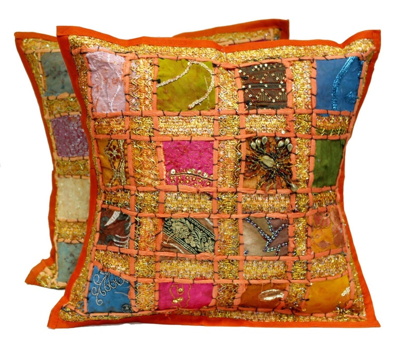2pc orange decorative Throw Pillow Indian Mirror Work Pillow Hippie Gypsy Pillow