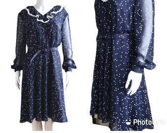 Vintage 1970s midi dress large, vintage frilled collar dress large
