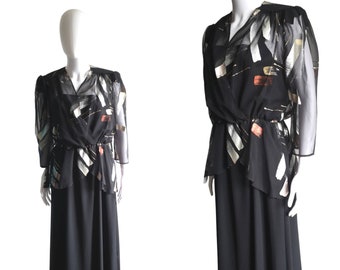 Vintage 1970s dress, black maxi dress, chiffon dress medium, formal dress