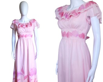Vintage 1970s maxi dress small, vintage prom dress small, 70s pink prom dress, romantic maxi dress small, vintage romantic maxi small