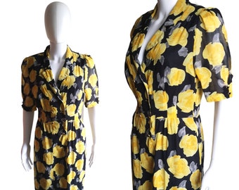1980s Vintage Kleid mit Blumenmuster, Puffärmel Baumwolle, UK Größe 10-12