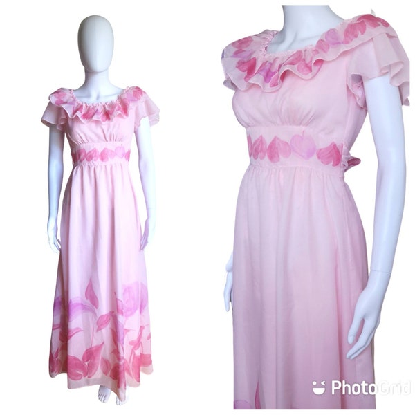 Vintage 1970s maxi dress small, vintage prom dress small, 70s pink prom dress, romantic maxi dress small, vintage romantic maxi small