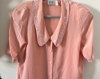 Vintage 1980s silk blouse, vintage peach  top medium, 1980s embroidered silk blouse