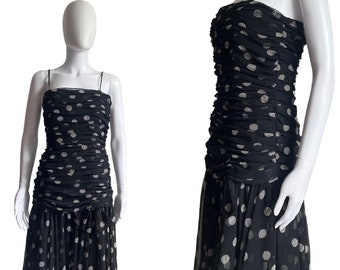 Vintage 1980s cocktail dress small, vintage ruched polka dot dress small, vintage John Charles dress small