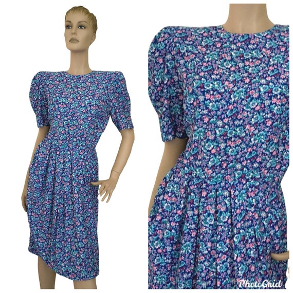 Vintage 1980s puff sleeve floral print dress small