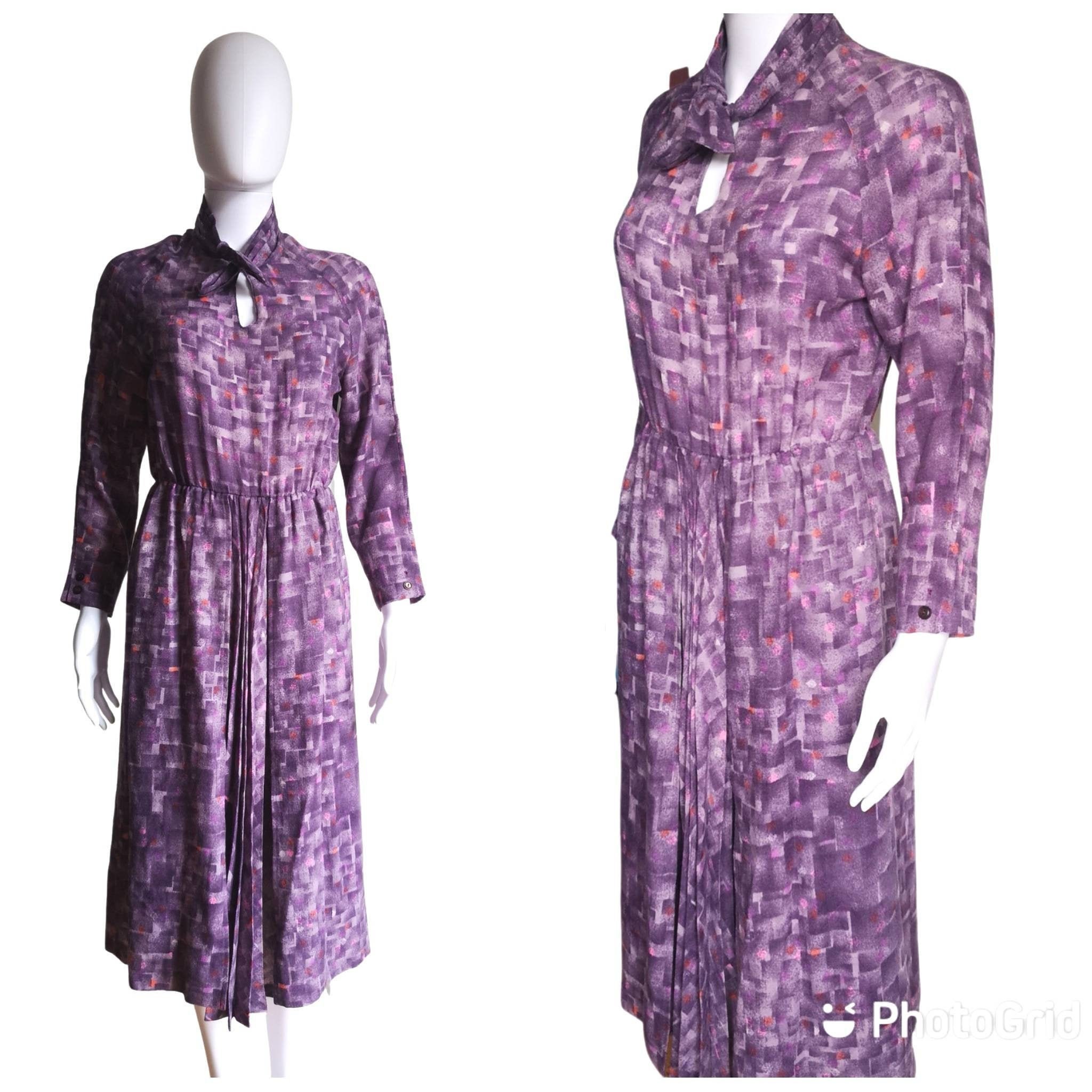 Vintage 1970s secretary dress, wool dress midi length medium