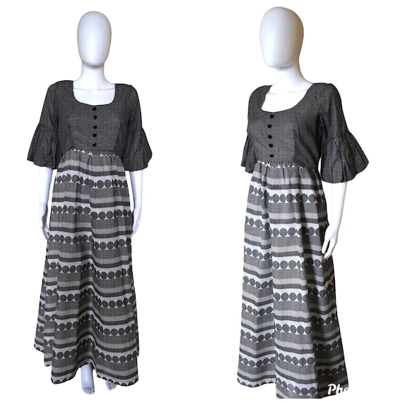 Vintage 1970s monochrome polka dot maxi dress medi