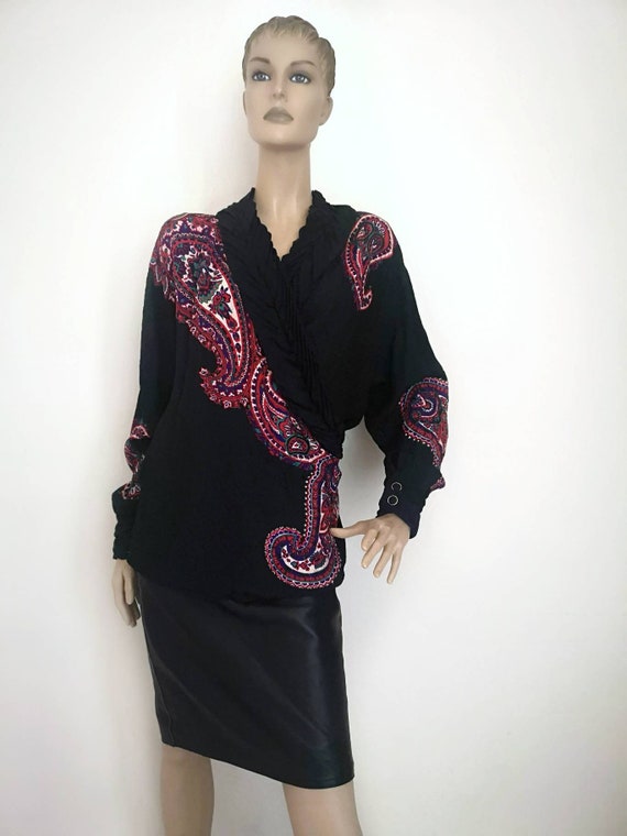 Vintage silk top large, 1980s silk blouse, vintage