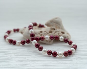 18" Maroon and  White Freshwater Pearl Necklace - Hand-Strung with Sterling Silver Clasp - Bulldog Necklace