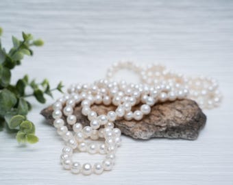 72" White Freshwater Pearl Necklace / Opera  Necklace / 7.5 - 8mm Circled Baroque Freshwater Pearls / Silk Threaded and hand knotted.