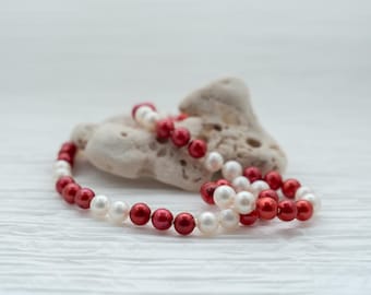 NC State Wolfpack - 18" Red & White Freshwater Pearl Necklace - Hand-Strung with Sterling Silver Clasp.