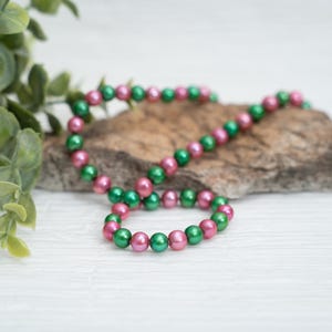 Pink & Green Freshwater Pearl Necklace with Sterling Silver Clasp / Hand Strung and knotted with Silk Thread / Designed for fans of AKA