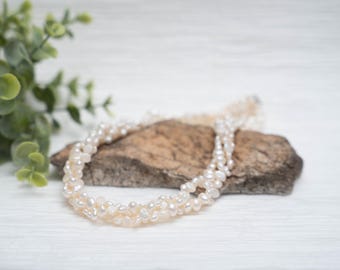 Collar de perlas de agua dulce blancas de múltiples hilos / 16" con extensión de 2" / Cierre y cadena de plata esterlina / Collar de perlas de agua dulce retorcidas
