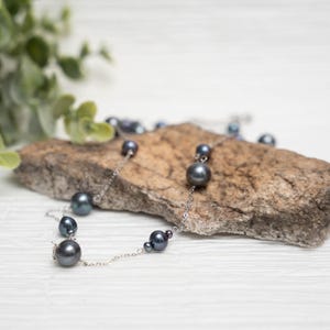 Black Freshwater Tin Cup Pearl Necklace / 36&quot; Necklace w/ Sterling Silver Chain & Black Freshwater Pearls / Classic Style